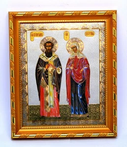 Ikone heiligen Kipria und Iustinija икона святые Киприан и Иустиния 21x18x1,7 cm - Picture 1 of 1