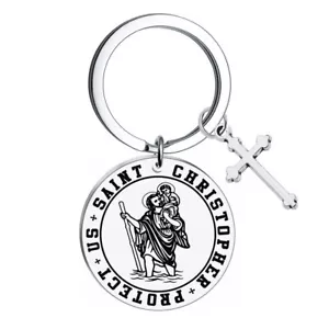 SS St Christopher Keyring Keychain Cross Protect Travel Blessing + Free Gift Bag - Picture 1 of 1