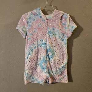 Girls One Piece Pink/Green Hooded Romper Short Sleeve Shorts Sleepwear XL 14/16 - Picture 1 of 6