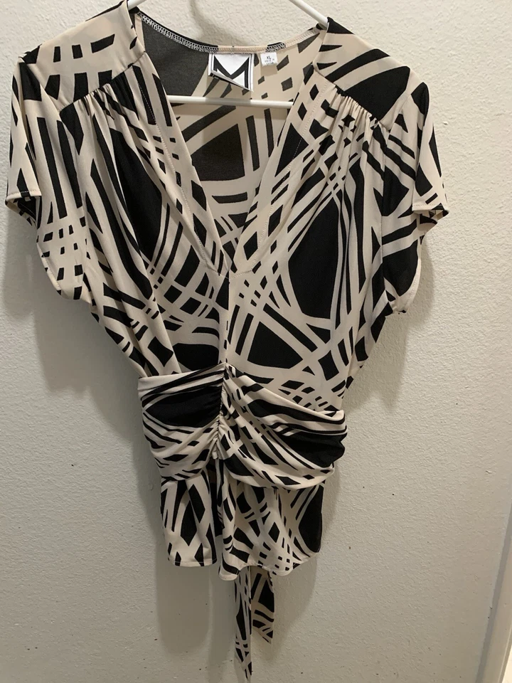 Marc Bouwer Blouse Black & White Design W/Tie That Goes  Around Blouse XL - Image 1 of 4