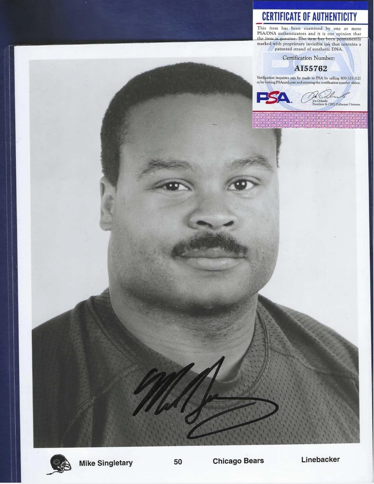 Foto autografiada de fútbol americano profesional Mike Singletary 8x10 en blanco y negro PSA Chicago Bears cierre Foto 1 de 1