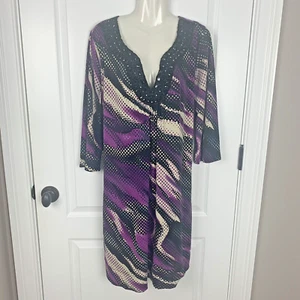 Bisou Bisou Michele Bohbot Dress Size 18W Shift Purple Black Beaded V Neck - Picture 1 of 8
