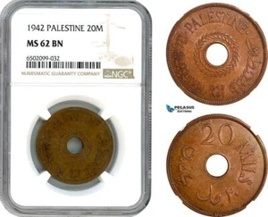 AH724, Palestine, 20 Mils 1942, London Mint, NGC MS62BN - Picture 1 of 1