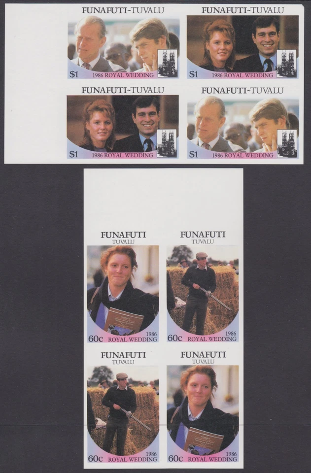 Funafuti Sc 57 var -60 var MNH. Boda real 1986, IMPERF Se-Tenant bloques de 4 Foto 1 de 1