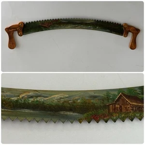 Vintage handbemalte dekorative Sägekabine Szene Volkskunst mit Holzgriffen 12 Zoll - Bild 1 von 13