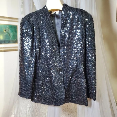Blazer Vintage Años 80 Neiman Marcus Farinae Colecciones Negro Lentejuelas Talla 14 Foto 1 de 4