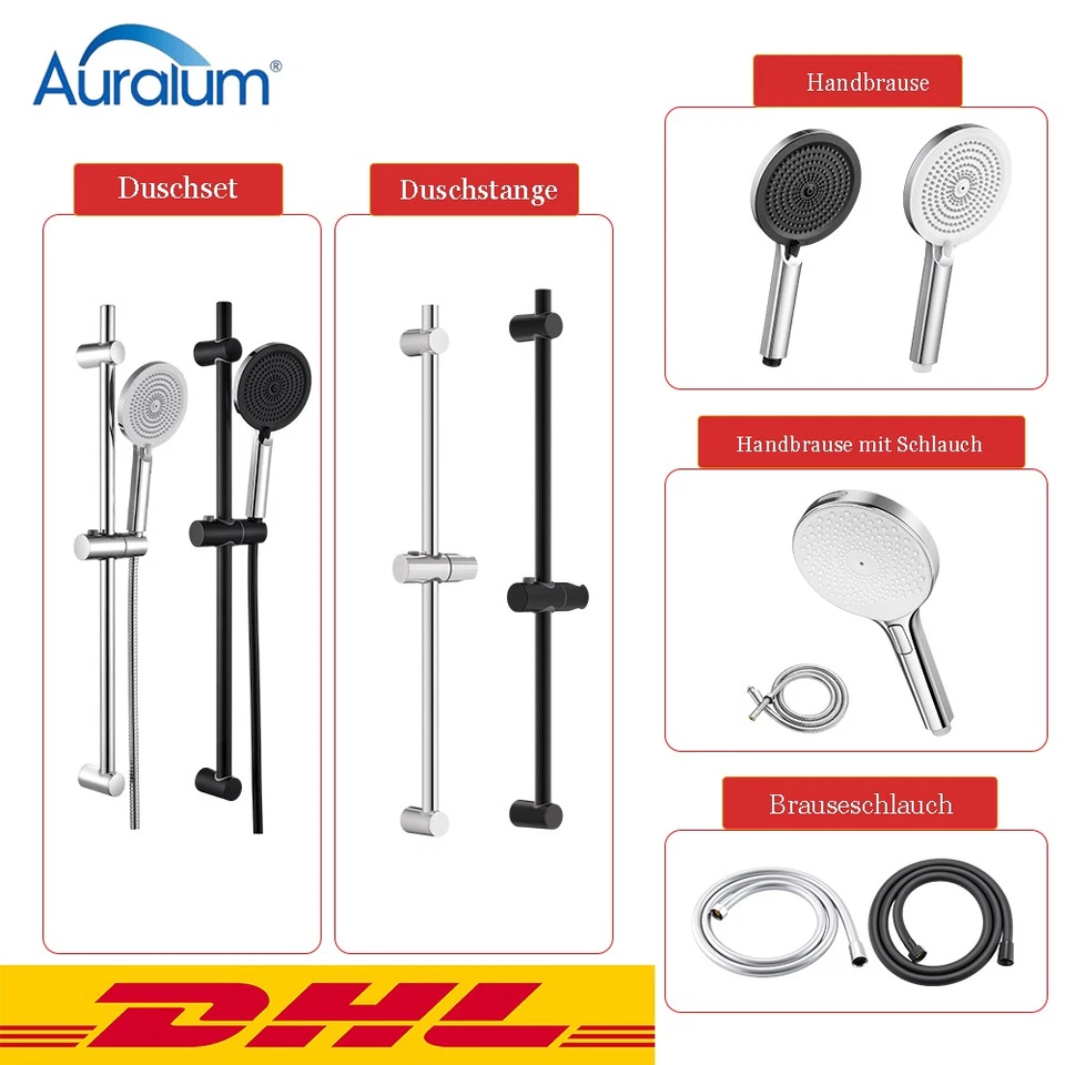 Auralum Handbrause Duschstange Set Duschkopfhalterung Schlauch Chrom/Schwarz DHL - Bild 1 von 1