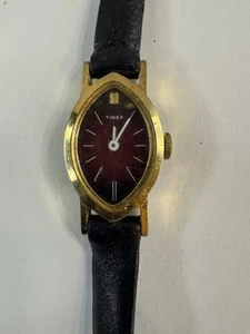 Vintage Timex Mechanical Ladies Oval Watch Black Leather Band Gold Tone Case - Picture 1 of 4