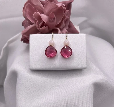 14k Yellow Gold Pink Tourmaline Dangle Earrings Opal 12mm Briolette Simulated - Image 1 of 4