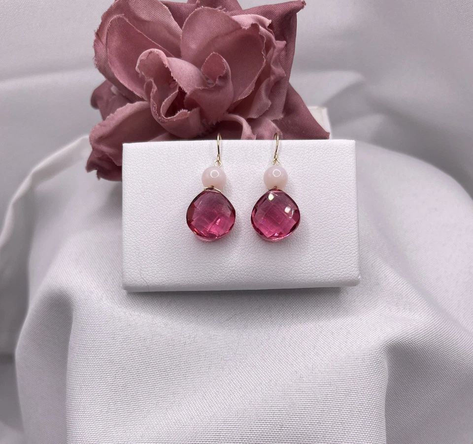 14k Yellow Gold Pink Tourmaline Dangle Earrings Opal 12mm Briolette Simulated - Image 1 of 1