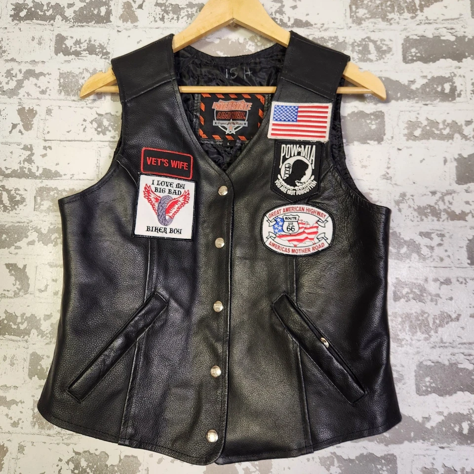 Interstate Leather Womens Motorcycle Biker Vest Patches USA Flag Harley Davidson - Image 1 of 4