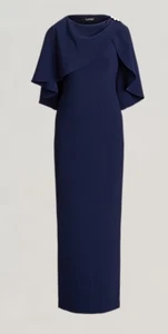 NWT Lauren Ralph Lauren Georgette Cape Crepe Gown Navy Blue Wedding Formal Sz 12 - Foto 1 di 16