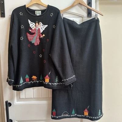 VTG 90’s The Quacker Factory Cardigan Skirt Sweater Set Christmas Angel 2X - Image 1 of 4
