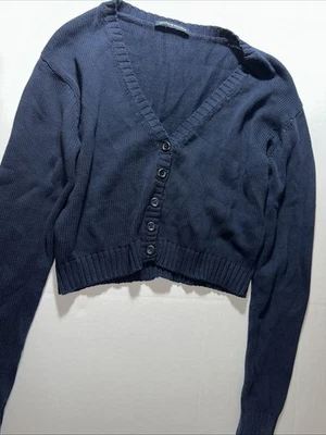 Brandy Melville Sweater OS Navy Croppd Cardigan Button Up Knit Cotton - Image 1 of 4