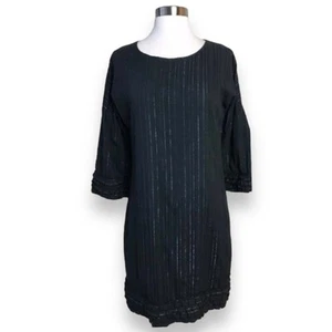 VERTIGO PARIS Black Dress Metallic Pinstripes 3/4 Sleeve Ruffle Round Neck Small - Picture 1 of 10