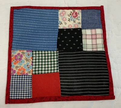 Vintage Patchwork Quilt Table Topper, Four Patch, Early Calico Prints, Navy, Red - Image 1 of 4