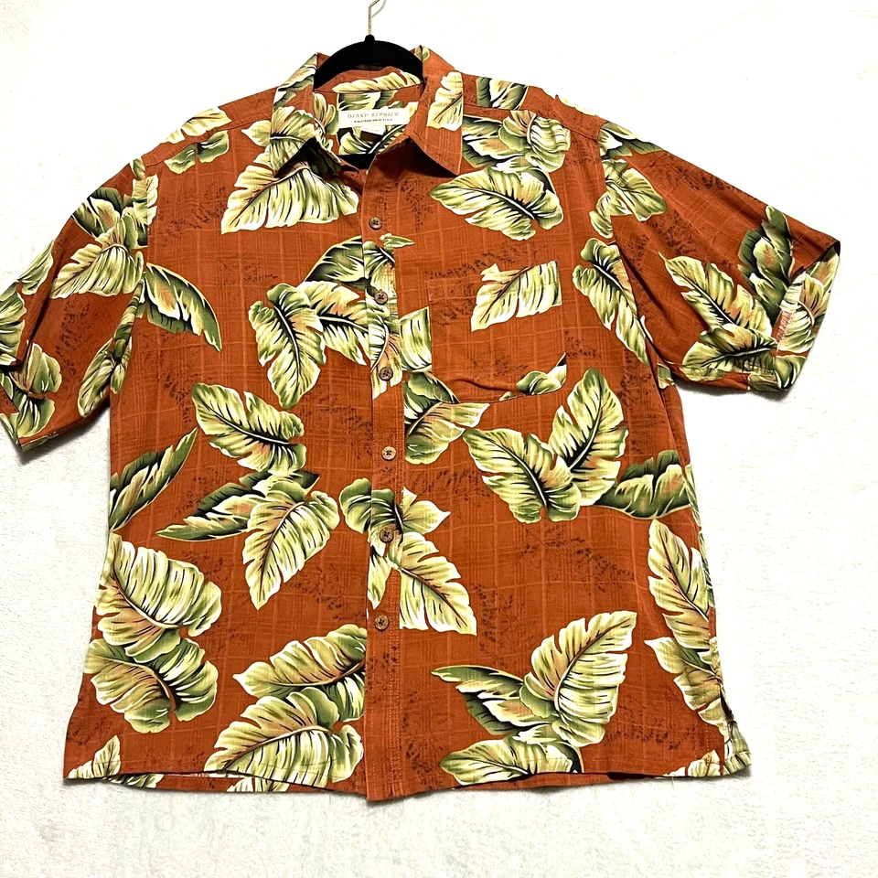 Camisa Island Republic Para Hombres Grande Hawaiana 100% Seda Naranja Verde Hoja Aloha Foto 1 de 4