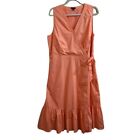 Talbot's Wrap Dress Size 16 Coral Orange Sleeveless Poplin Midi Cotton