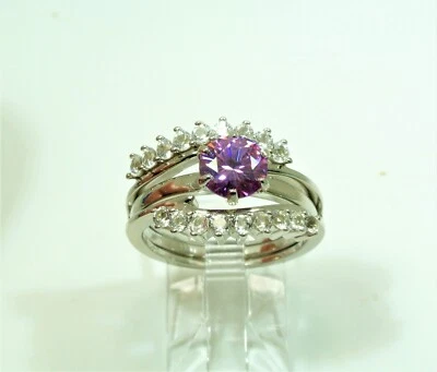 PURPLE MOISSANITE & WHITE TOPAZ RHODIUM OVER 925 STERLING SILVER 2 RING SET SZ 7 - Image 1 of 4