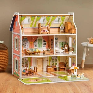 Robud Kids Wooden Dolls House with Furniture and Accessories 3 Story Play House - Picture 1 of 8