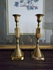 Vintage 8.25" Brass Beehive Candlestick Taper Candle Holders Pair Mid Century - Picture 1 of 13