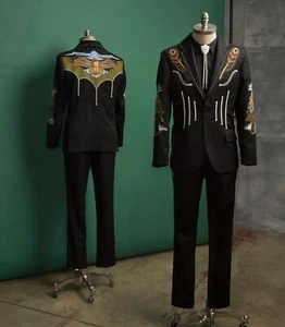 Abito da uomo designer 2 pezzi nero personalizzato aquila ricamato western matrimonio ballo - Foto 1 di 9