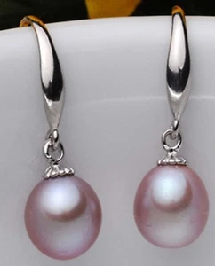 Beauty 6-7mm Natural Purple Cultured Pearl Silver Hook Drop Dangle Earrings - Picture 1 of 6
