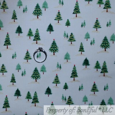 BonEful FABRIC FQ Cotton Quilt White Green Xmas Tree Scenic Winter Snow Red Star - Image 1 of 4