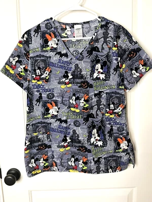 Disney Mickey & Minnie Mouse Halloween Gray Medical Nursing Scrub Top Womens M - Image 1 of 4