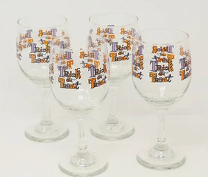 Set of 4 Halloween Wine Glasses Trick or Treat Spider Web Purple Black Orange 7" - Bild 1 von 5