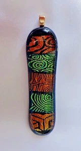 Pendant ~ Dichroic Glass ~ Blue-Green-Copper Colours ~ Gold Plated ~ Oblong - Picture 1 of 9
