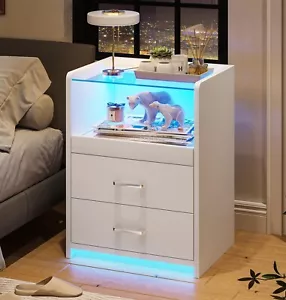 Weißer Nachttisch mit Glasplatte, 2 Schubladen LED Nachttisch, ausziehbares Tablett - Bild 1 von 8