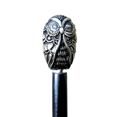 Antiguo bastón de madera de búho tallado a mano mango de búho con palo de madera negro Foto 1 de 4