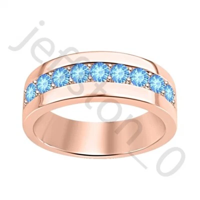 Alianza de boda enchapada en oro rosa de 14 quilates con topacio azul creado en laboratorio de 0,45 quilates para hombre Foto 1 de 4