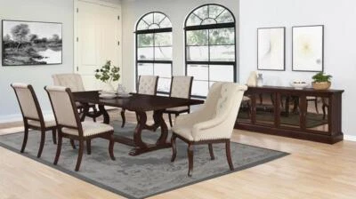 7 PC ANTIQUE JAVA BROWN 104" FORMAL DINING TABLE 6 CREAM CHAIRS  FURNITURE SET - Image 1 of 4
