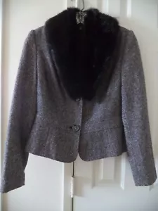 Hillard Hanson Black White Grey Tweed Blazer Jacket Removable Faux Fur Stool 4 S - Picture 1 of 7