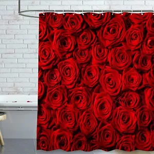 Rose Shower Curtain Romantic Floral Blossom Red Rose Fabric Bath Curtain Blac... - Picture 1 of 6
