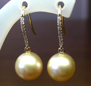 13.9mm! GOLD SOUTH SEA PEARLS UNTREATED +DIAMONDS+18ct Y GOLD EARRINGS+APPRAISAL - Picture 1 of 1