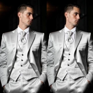 Silber Satin Herren Anzüge Formell Business Hochzeit Abschlussball Bräutigam Smoking Slim Fit 3-teilig - Bild 1 von 9