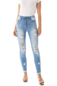 Kancan - Women's High Rise Button Fly Distressed Super Skinny Jeans - kc7310 wit - Picture 1 of 15