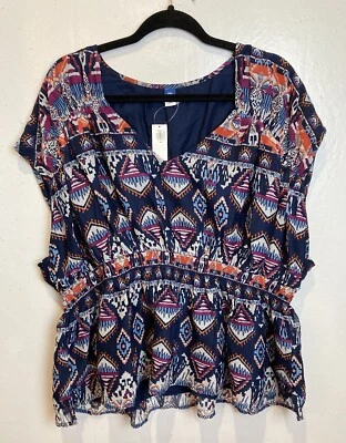 Antiguo Top Azul Marino Para Mujer Ikat Cintura Ajustada Talla XXL 2XL Boho Cuello en V Nuevo con Etiquetas Foto 1 de 4