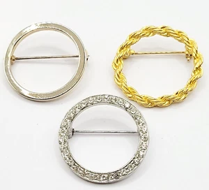 Three Open Circle Brooch Pins Gold Tone Rope Twist Silver Tone Clear Rhinestone - Picture 1 of 20