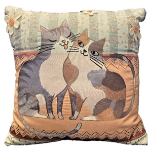 Pier 1 Imports 16x16 Throw Pillow Embroidered Cats and Flowers Preowned - Picture 1 of 13