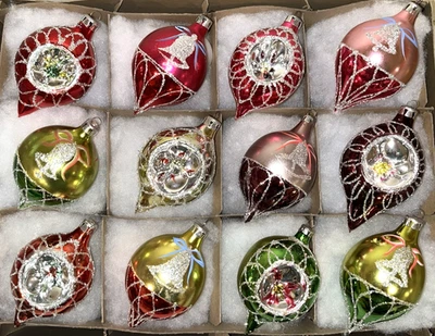 12 VTG Glass Pictured BELL & BOW Glitter INDENTS & DROPS Christmas Ornaments - Image 1 of 4