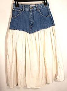 Vintage 90s Blue Denim & White Cotton Skirt Country Prairie Western Womens S 26 - Picture 1 of 4