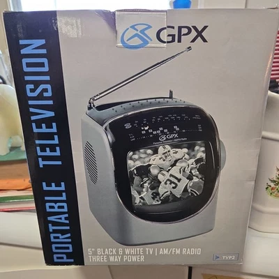 "Televisión portátil vintage GPX TVP2 5"" TV blanco y negro radio AM-FM alimentación de 3 vías" Foto 1 de 2
