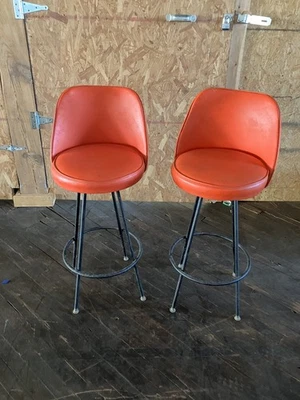 Pair MCM Admiral Chrome Orange Swivel Metal Stool-Original- Mid Century - Image 1 of 4