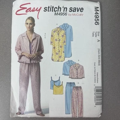 McCalls Easy Stitch N Save Pajamas Pattern Pants Top Nightgown Tank XS S M Uncut - Image 1 of 4
