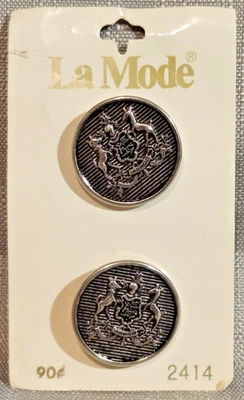 Vintage La Mode Honor Coat of Arms Horses Dogs #2414 Round Metal Buttons 7/8" - Image 1 of 3