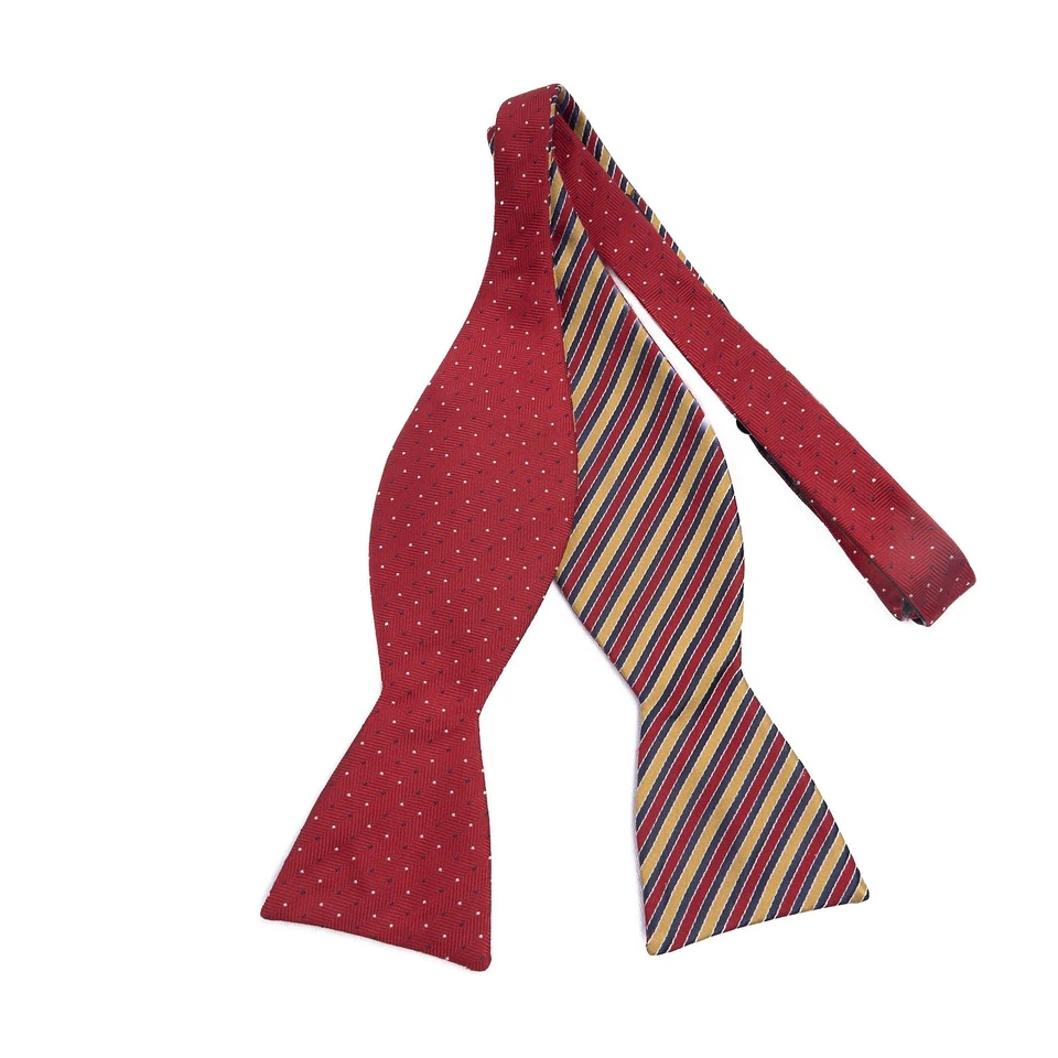 Pajarita de seda Saddlebred para hombre roja dorada reversible a rayas de lunares ajustable Foto 1 de 4